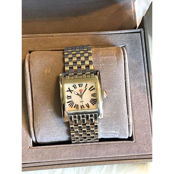 Michele Deco Square White Face 29MM Water Resistant Watch ~Box & Extra Bands main image 2